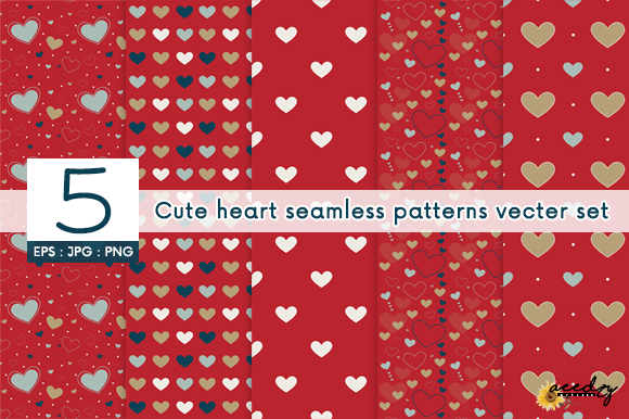 Cute Heart Seamless Patterns Vector Set