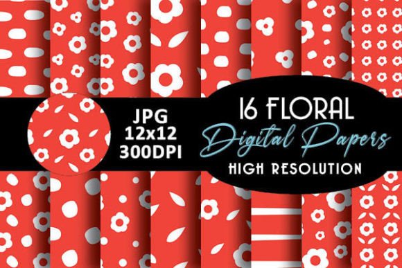 Red Cute Floral Digital Papers Patterns